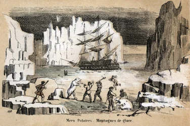 Beskrivelse af de forskellige typer landskaber og relieffer i henhold til geografi: detaljer, der viser et arktisk landskab med isbjørne, isbjerge. Tavle "" Physical Geography"" i "" les Recreations instructives"" Synoptisk maleri af Jules DELBRUCK, en
