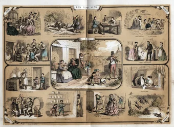 Beskrivelse af de fem sanser: syn, fra venstre mod højre og fra top til bund, hørelse, berøring, lugt og smag. Tavle "" Les cinq sens"" i "" les Recreations instructives"" Synoptisk maleri af Jules Delbruck, stik fra 1860. Privat samling.