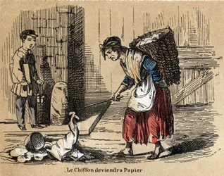 Beskrivelse af de forskellige produkter og anvendelser af papir: samlingen af gamle klude, som papiret stammer fra. Tavle "" Le papier et ses produits"" i "" les Recreations instructives"" Synoptisk maleri af Jules Delbruck, gravering fra 1860. Privat