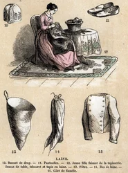 Beskrivelse af de forskellige anvendelser og produkter af får: gobelin og uldprodukter, hat, hjemmesko, uldstrømper, flannelvest. Tavle "" Les Moutons"" i "" les Recreations instructives"" Synoptisk maleri af Jules DELBRUCK, gravering fra 1860. Privat