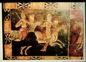 Detalje fra en bryllupskrin, der forestiller soldater, der går i krig (malet vellum på træ)