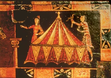 Detalje fra en bryllupskrin, der forestiller to figurer ved et telt (malet vellum på træ)