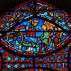 Detalje fra et vindue, der viser scener fra St. Stephens liv: biskop og kiste