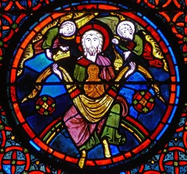 Detalje fra et vindue, der viser lignelsen om Lazarus og dykker: Lazarus i Abrahams skød