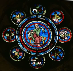 Detalje fra det nordlige rosenvindue, der viser geometri fra Liberal Arts