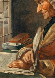 Detalje af "" Portræt af Francois Marie Arouet Voltaire (1694-1778) i hendes arbejdsskab"" Maleri fra det 18. århundrede. Svag. 0,43 x 0,35 m Paris, musee Carnavalet - Portræt af Francois Marie Arouet Voltaire (1694-1778) i hans arbejdsværelse. 18. centers