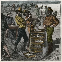 Diamantvask i Sydafrika i det 19. århundrede. Indgravering fra 1885 i "" Les arts et metiers illustres"" af Adolphe BITARD.