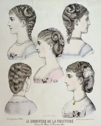 Forskellige frisurer, tallerken fra Le Moniteur de la Coiffure, 1880