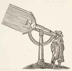 Dioptrisk teleskop, kopi af en gravering af Boris Mestchersky (d.1957), illustration fra Histoire de la Nation Francaise, Sciences, bind I & II, af Gabriel Hanotaux (1853-1944), 1924
