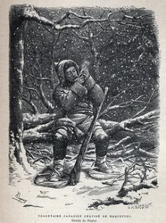 Opdaget Canada: Den canadiske hær frivillige sneskosko. Tegning af Dupuy. Indgravering fra slutningen af det 19. århundrede i "La nouvelle France" af Eugene Guenin.
