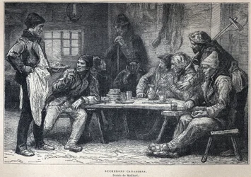 Opdaget Canada: Canadiske skovhuggere. Tegning af Maillard. Indgravering fra slutningen af det 19. århundrede i "La nouvelle France" af Eugene Guenin.