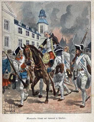Opdaget Canada: Louis Joseph de Montcalm (1712-1759) general francais såret under belejringen af byen Quabec af englænderne og bragt tilbage til Quebec i 1759. Indgravering fra slutningen af det 19. århundrede i "La nouvelle France" af Eugene Guenin.