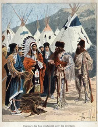 Opdagede Canada: coureurs de bois, involveret i pelshandel med indianerne i Amerika, der handlede med dyreskind i det 17. århundrede. Indgravering fra slutningen af det 19. århundrede i "La nouvelle France" af Eugene Guenin.