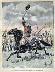 Opdaget fra Canada: Francois Gaston dit Chevalier de Levis (1719-1787) opmuntrede sine militærtropper i slaget ved Saint Foy (Sainte-Foy) den 27. april 1760 mod England. Stik fra slutningen af 1800-tallet i “La nouvelle France” af Eugen