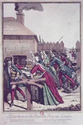 Uddeling af Pain du Roi (Kongebrød) på Louvre i en tid med hungersnød (farvegravering)