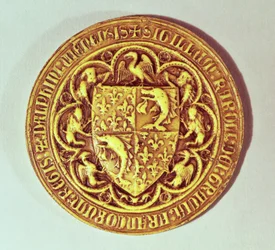 Delfinsæl, Frankrigs skjold, med delfiner og fleur-de-lys, 1376