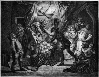 Don Quixote kæmper mod dukkerne, som han tror er maurere. Stik af V. Beauce efter maleriet af Charles Antoine Coypel (1694-1752), der illustrerer Cervantes