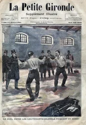 Dreyfus-affæren: duellen mellem oberstløjtnant Georges Picquart (1854-1914) og Hubert Henry (1846-1898) på militærskolen i Paris. Omslag til ”La petite Gironde” fra marts 1898 (stik)