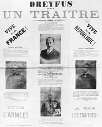 Dreyfus est un traitre, plakat med portrætter af hans modstandere, slutningen af det 19. århundrede