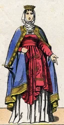 Capetianernes dynasti: Portræt af Isabelle de Hainaut (1170-1190) Dronning af Frankrig, hustru til Philip II kendt som Philip Augustus (1165-1223). Epinal billeddannelse fra slutningen af det 19. århundrede. Privat samling.