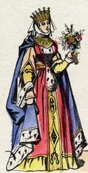 Capetianernes dynasti: Portræt af Marguerite af Provence (1221-1295), dronning af Frankrig, hustru til Ludvig IX af Frankrig (1214-1270). Epinal billeddannelse fra slutningen af det 19. århundrede. Privat samling.