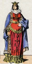 Karolingernes dynasti: Portræt af Bertrade eller Berthe af Laon kendt som Berthe au Grand Pied (720-783) dronning af francs hustru af Pepin le Brief (715-768). Epinal billeddannelse fra slutningen af det 19. århundrede. Privat samling.