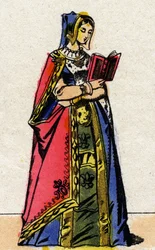 Valois-dynastiet: Portræt af Anne af Bretagne (1477-1514), dronning af Frankrig, kone til Charles VIII (1470-1498). Epinal billeddannelse fra slutningen af det 19. århundrede. Privat samling.