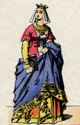 Valois-dynastiet: Portræt af Charlotte de Savoie (1441-1483) Dronning af Frankrig, hustru til Ludvig XI af Frankrig, kendt som den forsigtige (1423-1483). Epinal billeddannelse fra slutningen af det 19. århundrede. Privat samling.