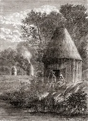 Tidlige galliske huse, en rund hytte med et hul i taget for at tillade røgen fra ilden at slippe ud, fra 