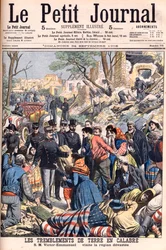 Jordskælv i Calabrien, Italien. Kong Victor Emmanuel III besøger de ødelagte regioner. Jordskælv i Calabrien. SM Victor-Emmanuel besøger den ødelagte region. Illustration til Le petit Journal, 24. september 1905. Victor Emmanuel III af Italien (Vittorio Em