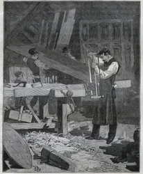 Ebenisterie: ebenist-arbejder, der deler en bestyrelse på det etablerede. Indgravering fra 1885 i "" Les arts et metiers illustres"" af Adolphe BITARD.