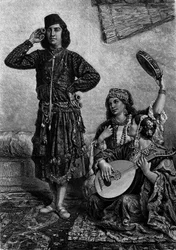 egyptiske musikere og dansere. Mand holder bækkener mellem fingrene. Gravering i "" Le Journal de la jeunesse""