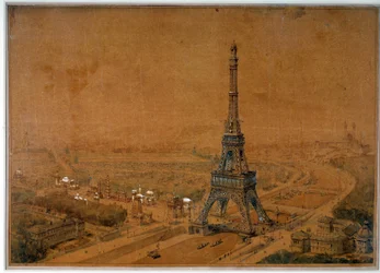 Afvist projekt til Eiffeltårnet fra konkurrencen i 1886 til udstillingen i 1889. Tegning fra 1886. Paris, Nationalarkivet