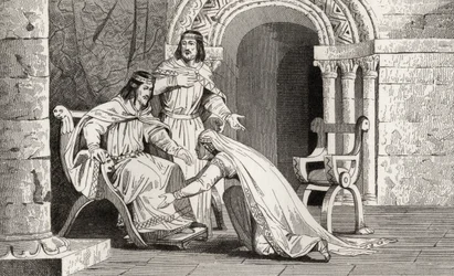 Emme kysser sin mand Raouls (død 936) knæ i anerkendelse af hans suverænitet, fra "Histoire de France" af Colart, udgivet omkring 1840
