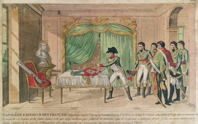 Kejser Napoleon I overvejer Frederik den Stores sværd i Potsdam i 1806 (farvestik)