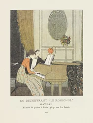 "Dechifrerer "Le Rossignol," annonce fra La Gazette du Bon Ton, pub. 1914