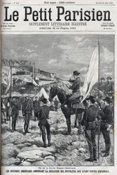 Afslutningen på den spansk-amerikanske krig (American Hispano) i 1898. Amerikanske officerer annoncerer ophør af fjendtligheder ved de spanske forposter. Indgravering i "" Le petit parisien"" fra 1898.