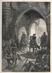 Charles VI den elskede (1368-1422), konge af Frankrig, indtog i Paris efter nedbrydningen af Maillotins oprør, i 1382 - Den franske kong Charles Vi vender tilbage til Paris - Entree af Charles VI le Bien-Aime (1368) -1422), konge af Frankrig, i Paris efter