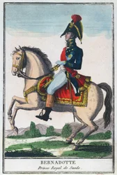 Rideportræt af Charles Jean Baptiste Bernadotte (1763-1844), begyndelsen af det 19. århundrede (farvestik)