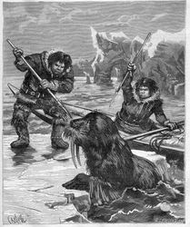 Eskimoer - fiskeri af hvalros - Eskimoer - hvalros fiskeri i 1888 - - Indgravering i "Journal des Voyages"" 1888