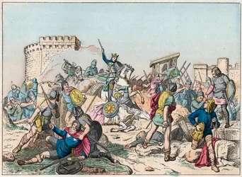 Eudes (Odon) (860-898), karolingisk dynasti, ledede kampen mod normannerne og forsvarede sejrrigt Paris (885-887) - Eudes (860-898) i kamp mod normannerne - Indgravering af slutningen af det 19. århundrede i “” Nos Gires Nationales - Billeder et reci