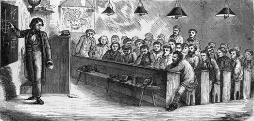 Aftenundervisning på en offentlig voksenskole i Paris i 1858.