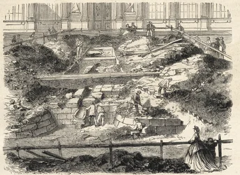 Udgravninger i Cour Carree du Louvre - Opdagelse af fundamentet af Philippe Augustes tidligere tårn - Udgravninger udført i Louvres gårdhave - opdatering af fundamentet til det tidligere Tour Philippe-Auguste - Indgravering i "Le monde i