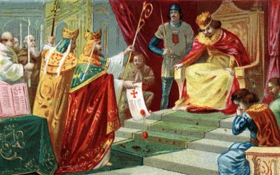Ekskommunikation af Robert II den fromme i 998”. Kongen af Frankrig, søn af Hugues Capet, forelsker sig og gifter sig med sin kusine Berthe af Bourgogne på trods af at pave Gregoire V, som også udelukker ham, er blevet fordømt. Kromolitografi fra slutninge