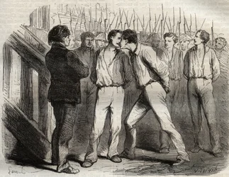 Henrettelse af de fire sergenter i La Rochelle den 21. september 1822: Bories, Raoulx, Gaubin, Pommier - Raoulx, som skulle passere den første, bad om at omfavne sine kammerater - Indgravering i "" Causes celebres de tous les peuples"" af Armand Fouquier (