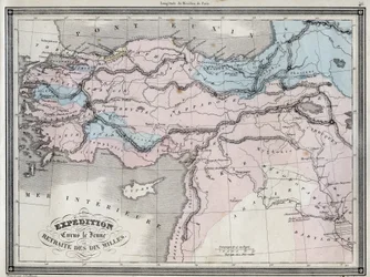 Ekspedition af Cyrus den Unge (5. århundrede f.Kr.) og tilbagetog af de ti miles - Plade udtrukket fra "" Universal Atlas for gammel og moderne geografi til beboelsesskoler"" af Vuillemin - ca. 1845
