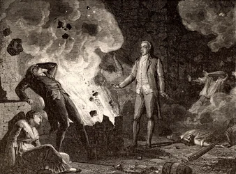 Eksplosion af sprængstoffabrikken i Essonne, Frankrig, ca. 1788 (gravering)