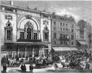 Udvendigt billede af Porte Saint Martin-teatret i Paris, genopbygget i 1873. Indgravering i "" Le Monde Illustré"" nr. 856 af 6. september 1873.