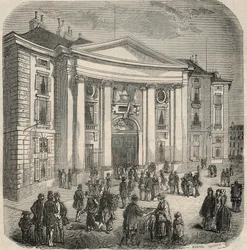 Udvendigt billede af School of Law, Place du Pantheon i Paris - Indgravering i "Tableau-de-Paris" af Edmond Texier 1852