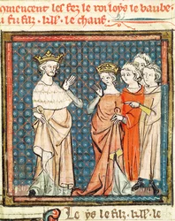 F.180r Ægteskabet mellem Ludvig II (846-79) Stammeren og Adelaide af Frioul, dronning af Aquitaine, fra Grandes Chroniques de France 1375-79